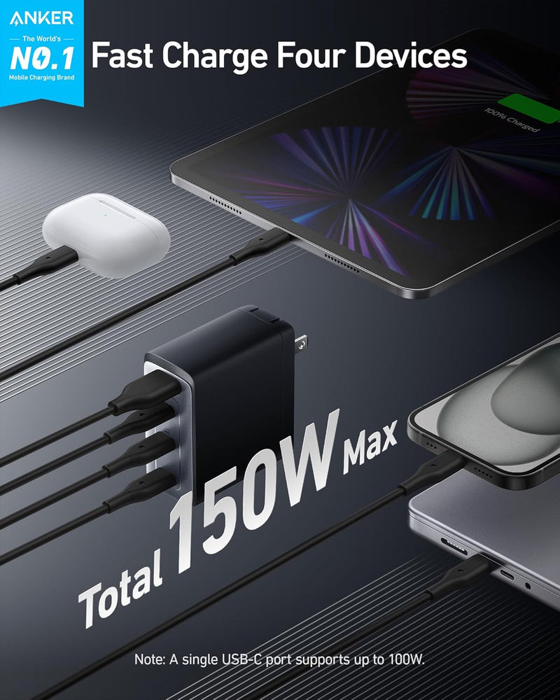 Anker 150W Max USB C Charger Block, 4-Port Compact Foldable GaN Charger for MacBook, iPhone 16 and More Series, Dell and More