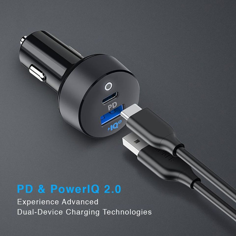 PowerDrive PD 2 Car Charger with 30W Power Delivery and 18W PowerIQ with LED Indicator for iPhone 13/12/11/X/8/8 Plus/7/6, and More