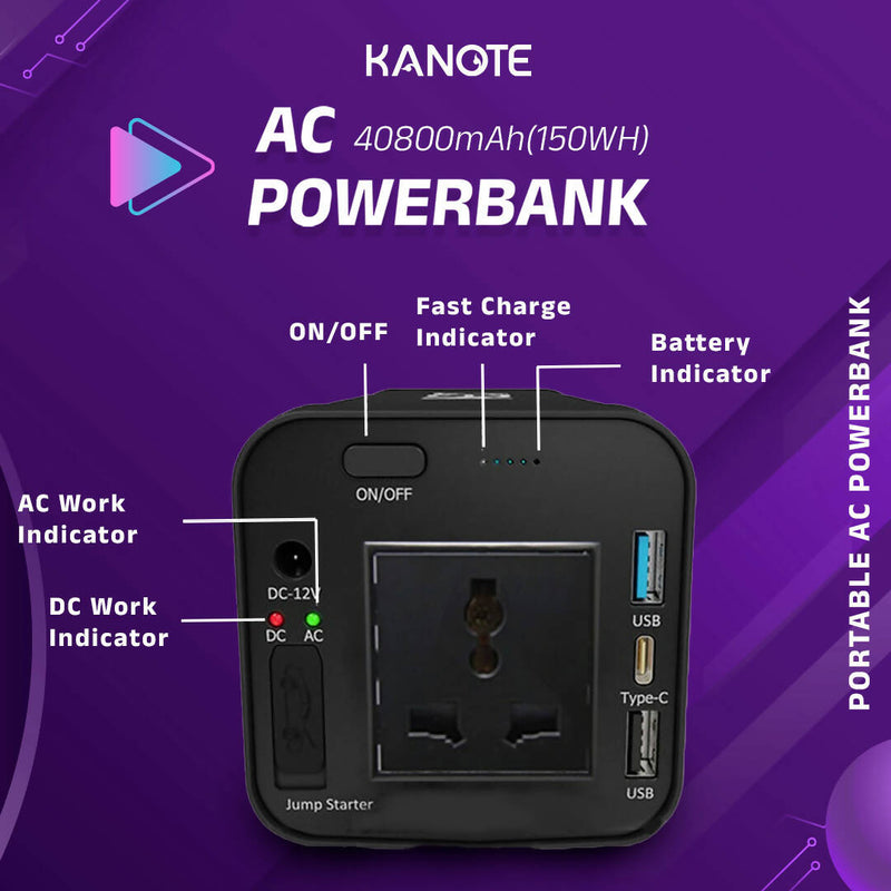 Kanote AC Portable Power bank for Laptops, Mac book, Phones, Tablets, iPad, Television, Car Mini Refrigerator, Table Lamp, Fan and More