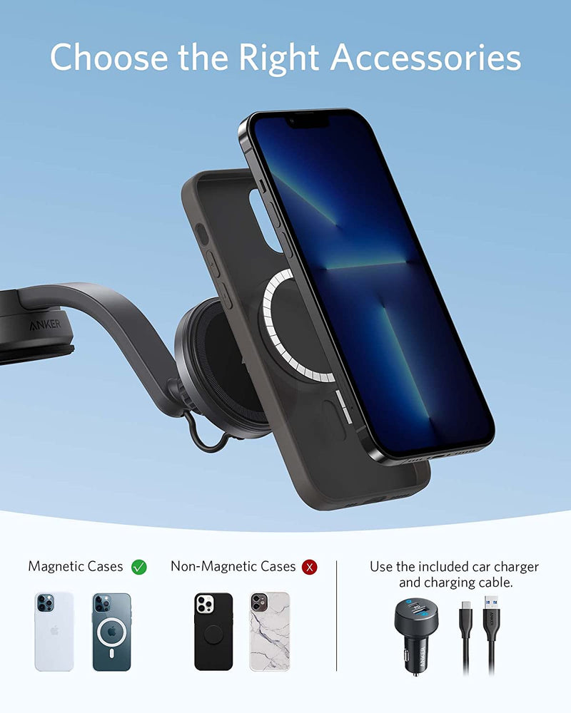 Anker 613 Magnetic Wireless Charger (MagGo),Car Charging Mount,(2-Port,5 ft USB-C to USB-A Cable,Strong Magnetic Alignment only for Iphone 13 & 12)
