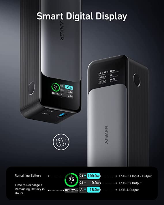 Anker 737 Power Bank (PowerCore 24K), 24,000mAh 3-Port Portable Charger with 140W Output, Smart Digital Display, Compatible with iPhone 14,13 Series, Samsung, MacBook, Dell, AirPods, and More