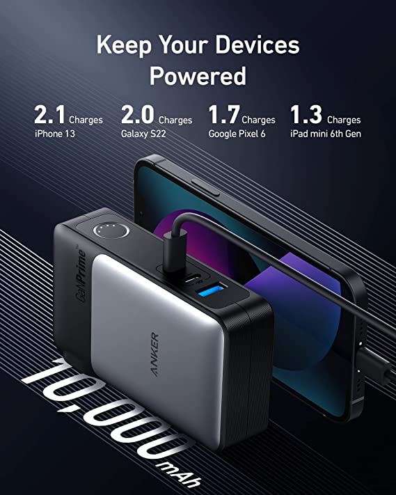 Anker 733 Power Bank (GaNPrime PowerCore 65W), 2-in-1 Hybrid Charger, 10,000mAh 30W USB-C Portable Charger with 65W Wall Charger, Works for iPhone 14/13/12Series, Samsung, Pixel, MacBook, Dell, and More