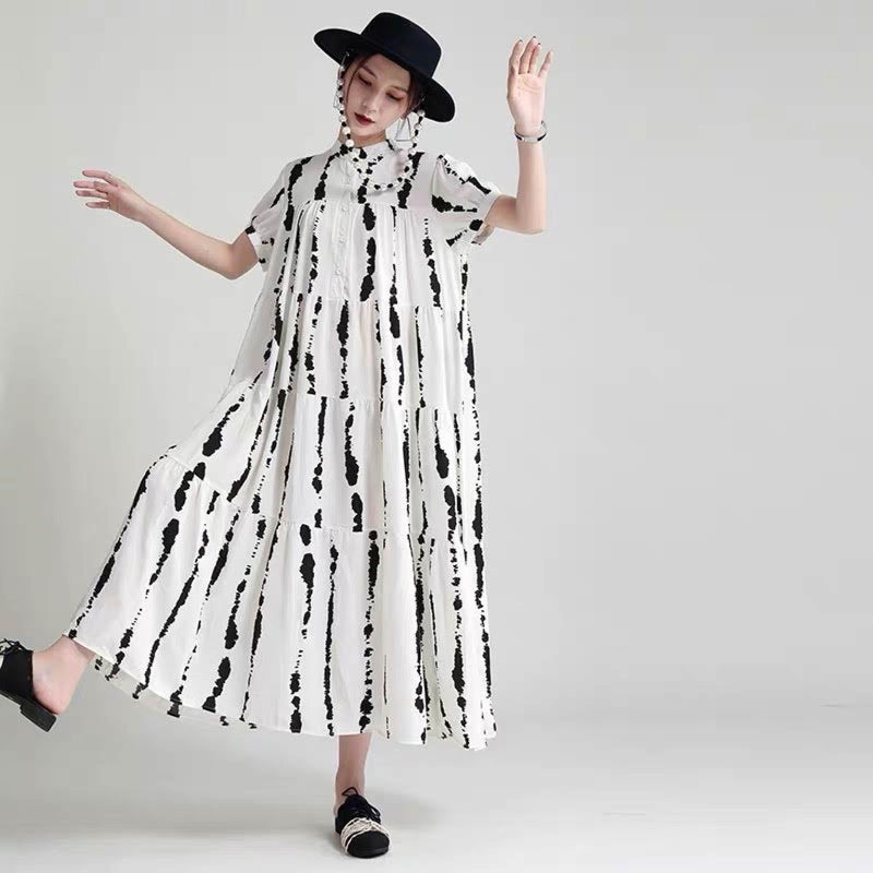 Buth's Fashion White Striped Long Dress Women's New Stand Collar Short Sleeve Loose Dress