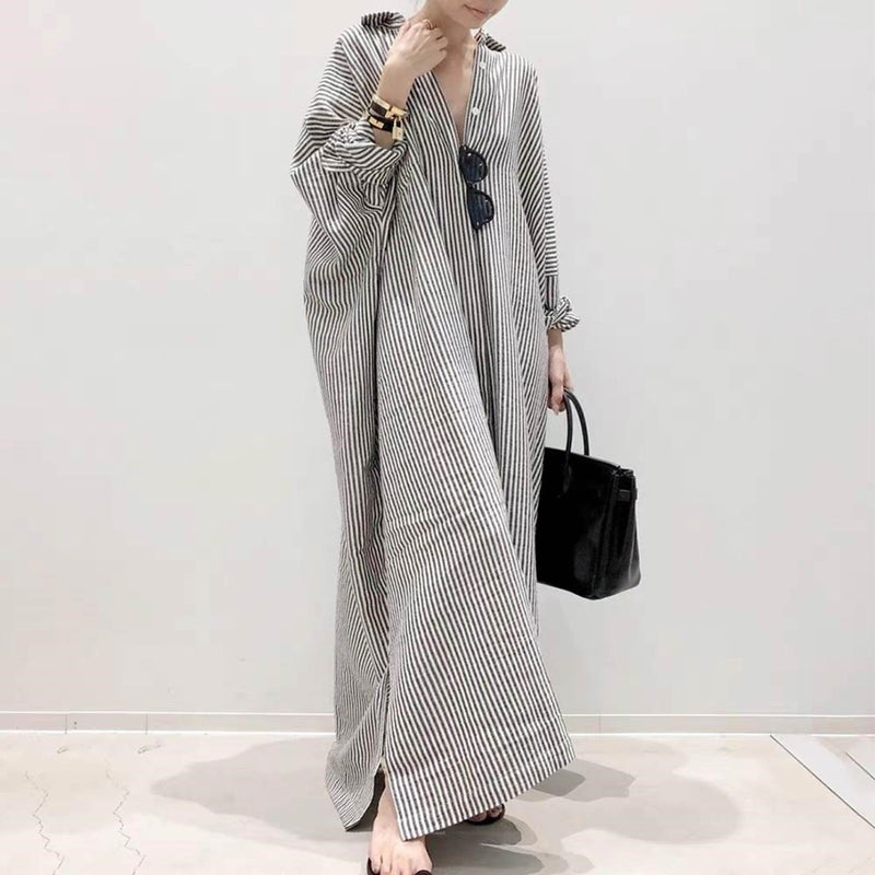 Buth's Fashion Dress Stripe Shirt Style Lapel Long Dresses Single Breasted Slim Loose Casual