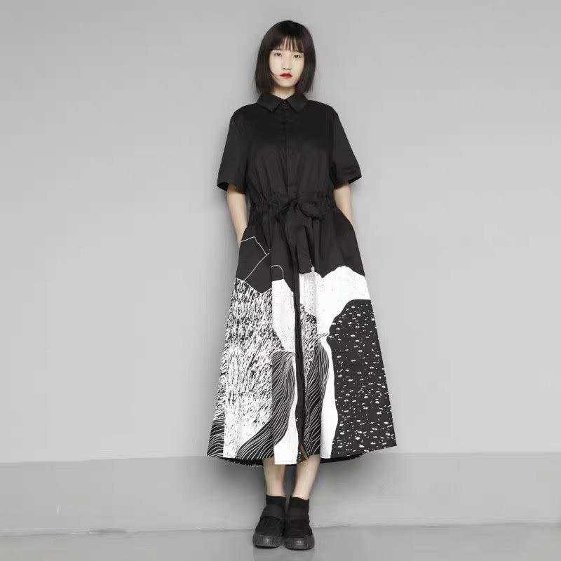 Buth's Fashion Korean Style Woman Summer Black Printed Long Shirt Dress Casual Vintage