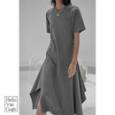 Buth's Fashion Round Neck Casual Long Dress Grey