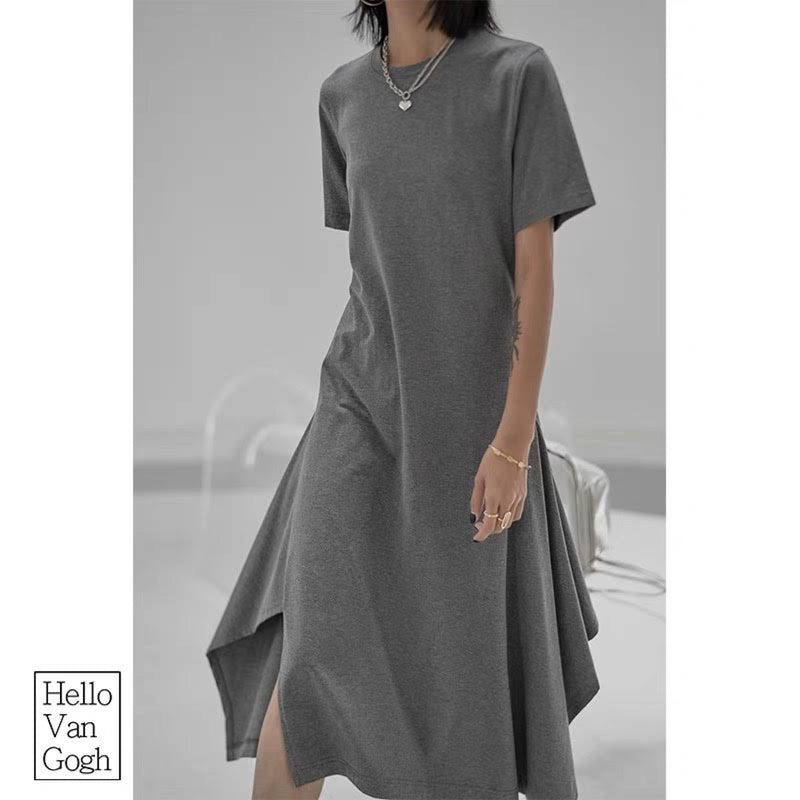 Buth's Fashion Round Neck Casual Long Dress Grey