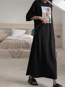 Buth's Fashion Casual Round Neck Sticker Printed Dress Black