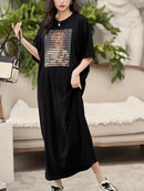 Buth's Fashion Casual Plus Size Sticker Printed Dress Black