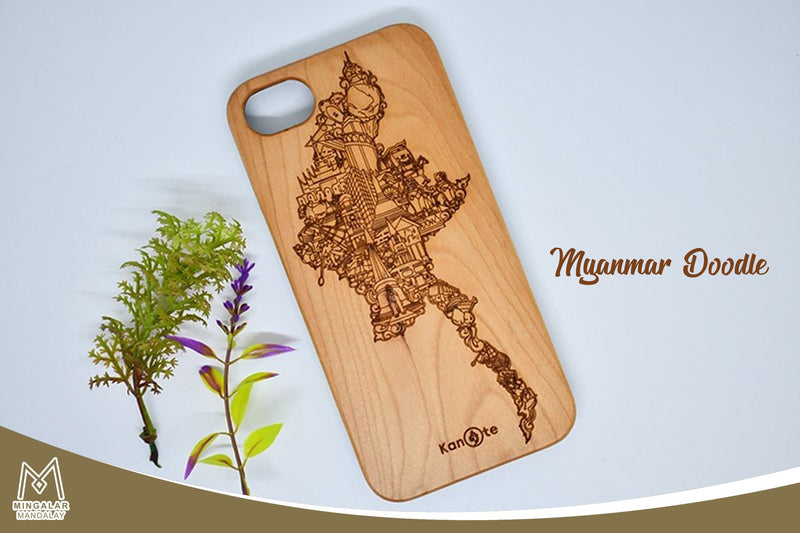 Kanote Premium Wooden Phone Case Myanmar doodle design
