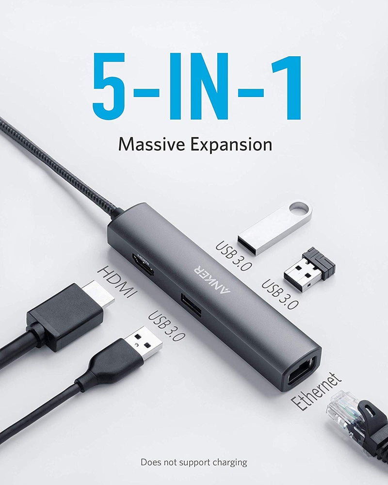 Anker USB C Hub 5-in-1 USB C Adapter with 4K USB C to HDMI, Ethernet Port,3 USB 3.0 Ports,for MacBook Pro, iPad Pro, XPS, Pixelbook, and More